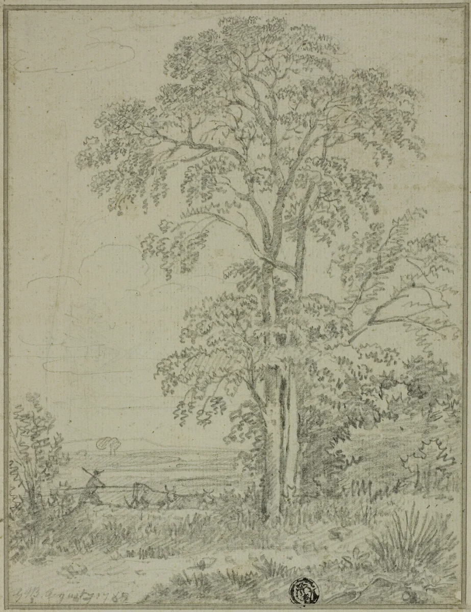 Landscape with Tree, Man, and Cows by George Howland Beaumont, drawing, 1765