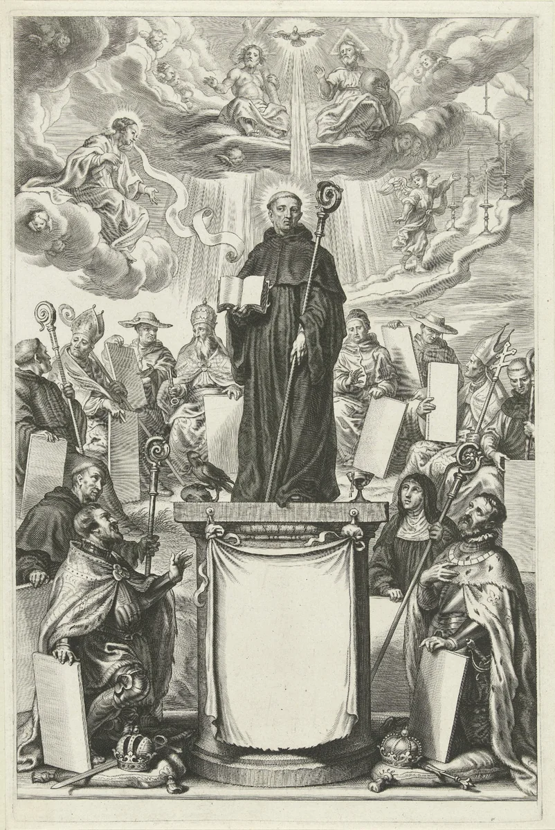 H. Benedictus met bisschopsstaf en boek by Cornelis Galle, print, 1644