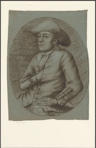 Zittende jonge man met driekantige steek by anonymous, drawing, 1700-1799
