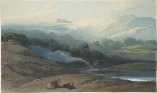Cattle resting in a mountainous landscape, Bengal by George Chinnery, drawing, 1803-1813