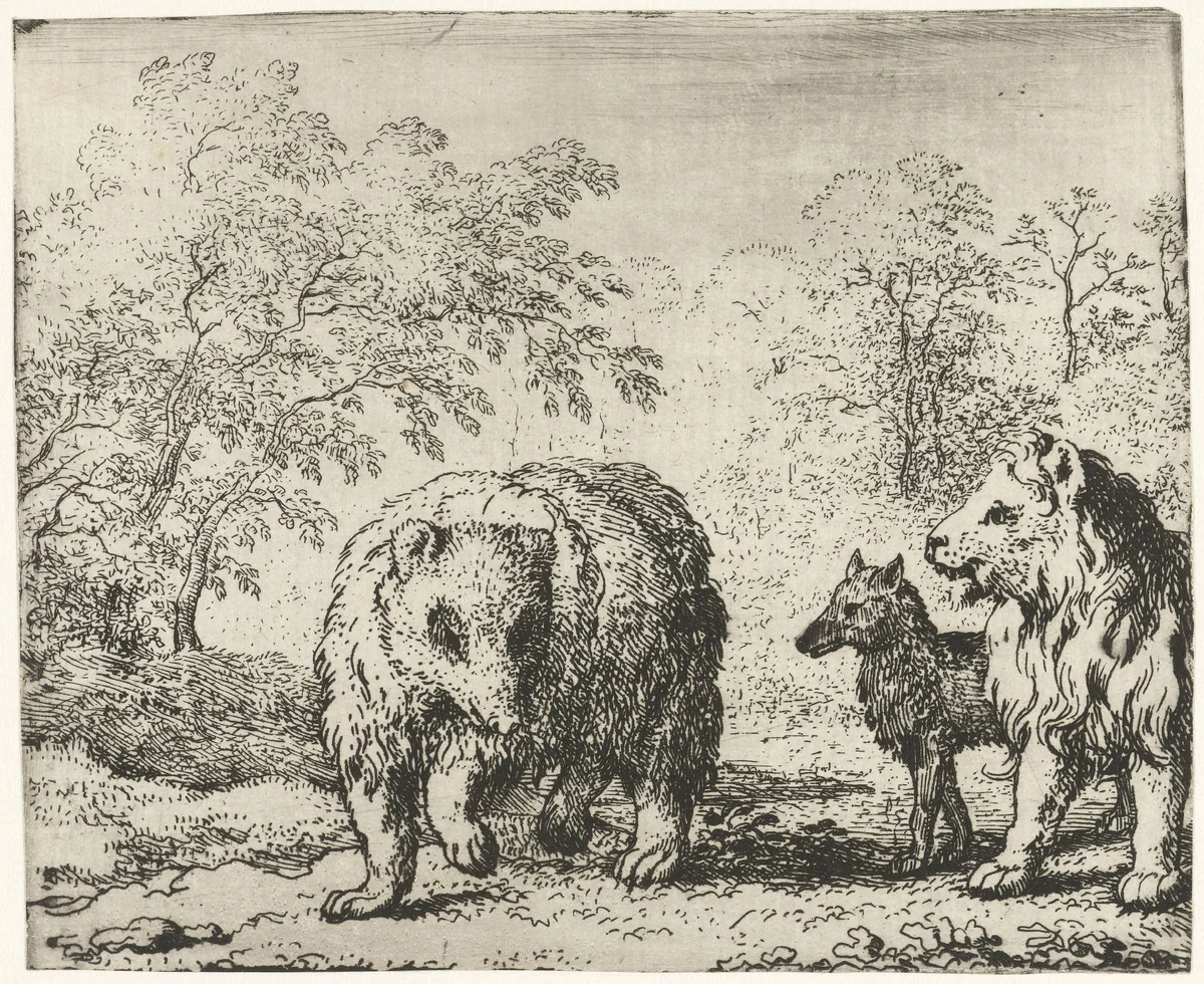 Isengrijn de wolf en Bruun de beer vrijgesproken by Allaert van Everdingen, print, 1665-1675