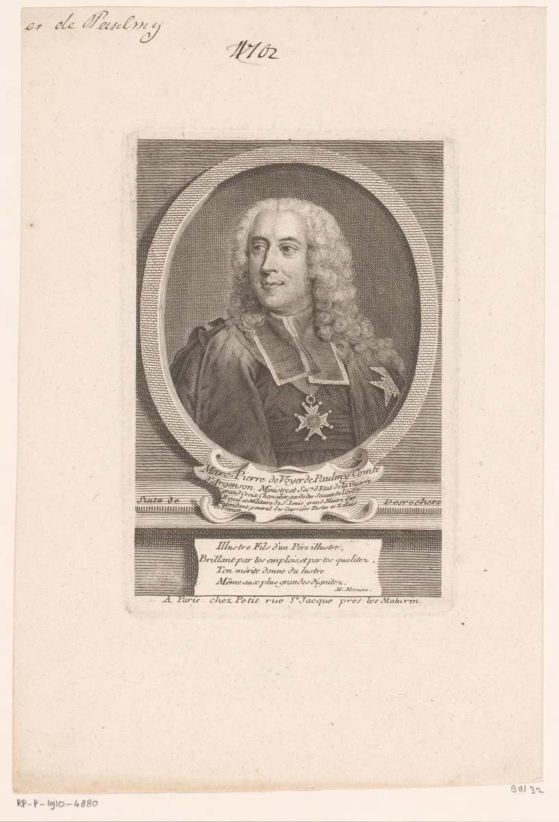 Portret van Marc-Pierre de Voyer de Paulmy by Étienne Desrochers, print, 1726