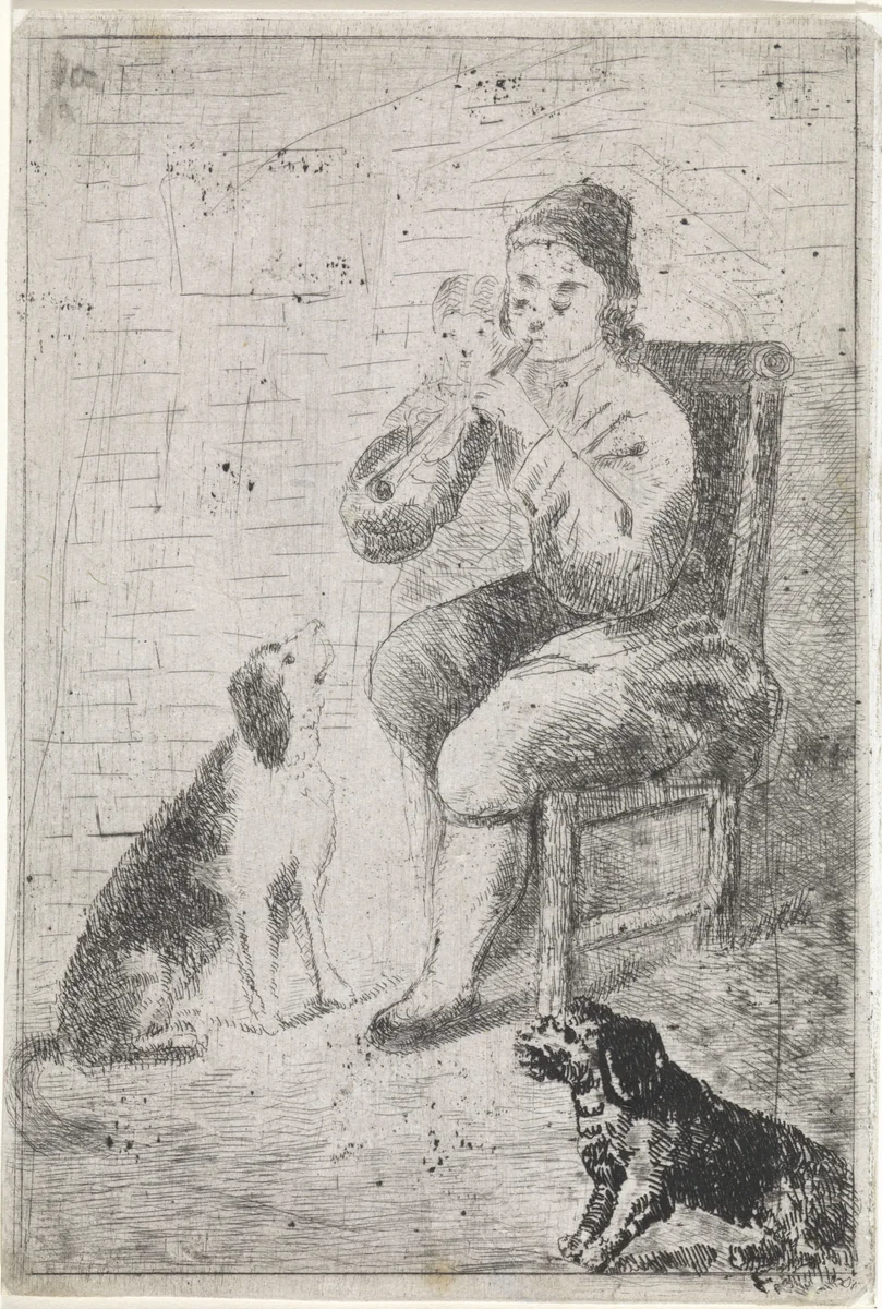 Musicerende man met twee honden by Arnoud Schaepkens, print, 1855-1904