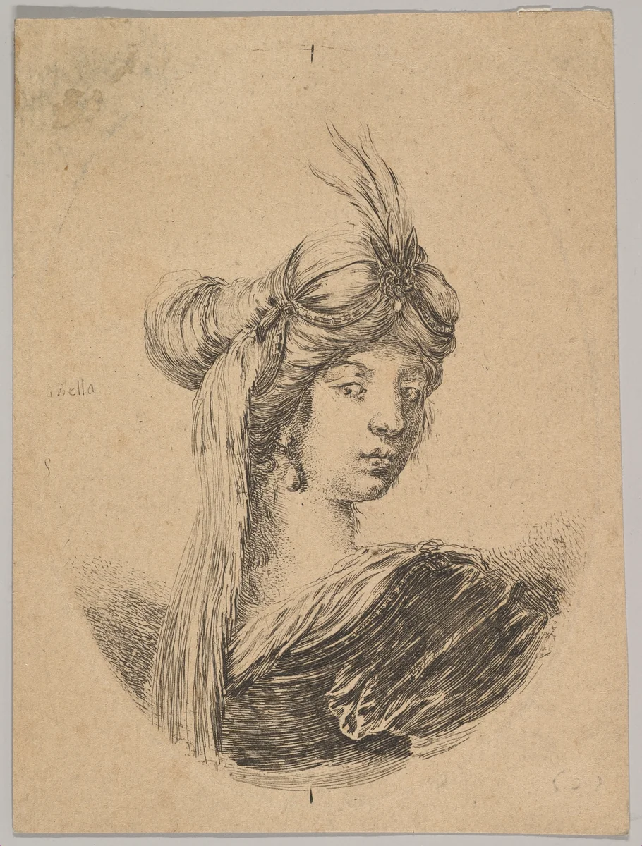 A woman wearing an ornate turban with a veil, seen from behind and turned three-quarters to the right, from "Several heads in the Persian style" (Plusieurs têtes coiffées à la persienne) by Stefano della Bella, print, 1650