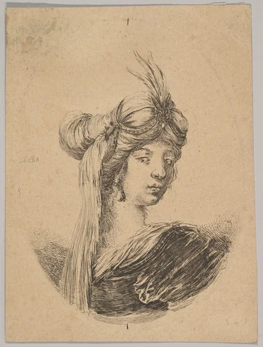 A woman wearing an ornate turban with a veil, seen from behind and turned three-quarters to the right, from "Several heads in the Persian style" (Plusieurs têtes coiffées à la persienne) by Stefano della Bella, print, 1650