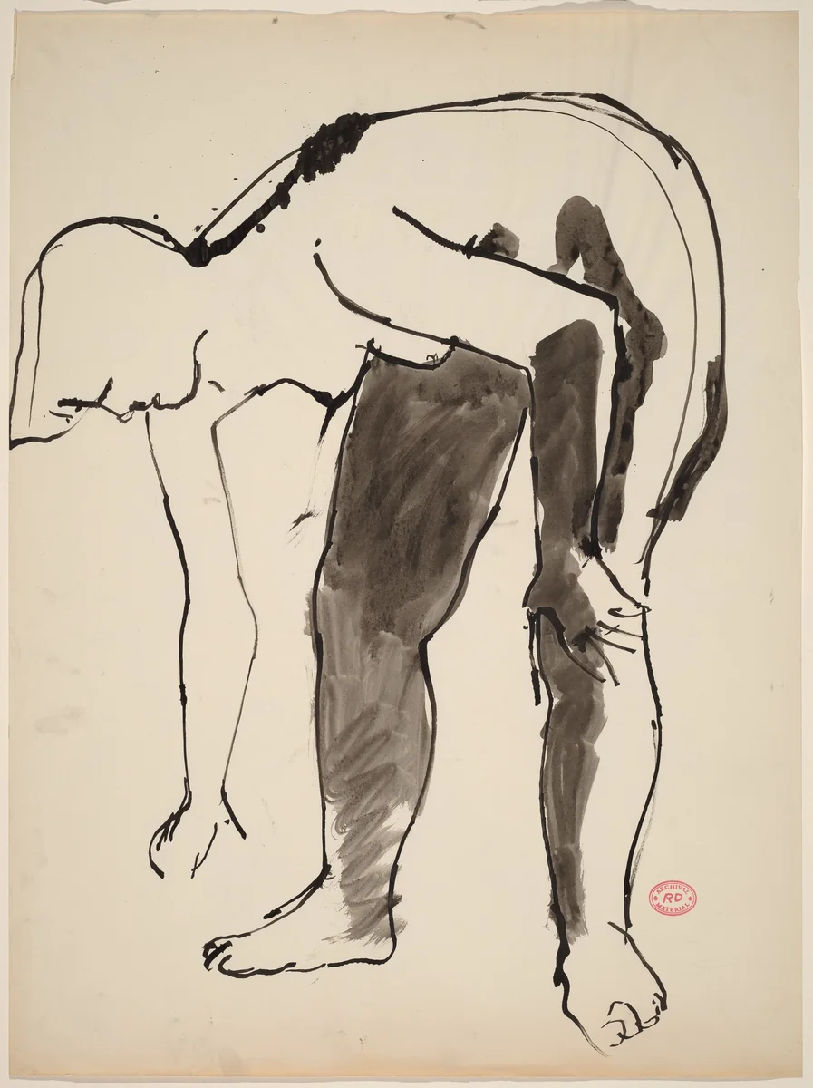 Untitled [nude bending and reaching down with her right hand] by Richard Diebenkorn, drawing, 1955-1967