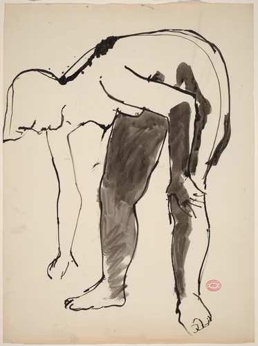 Untitled [nude bending and reaching down with her right hand] by Richard Diebenkorn, drawing, 1955-1967