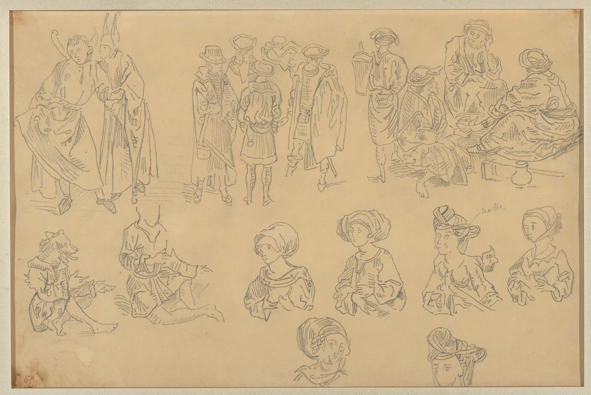 Figures in Medieval Costume (Tracings from the "Nuremberg Chronicle") by Eugène Delacroix, drawing, 1817-1827
