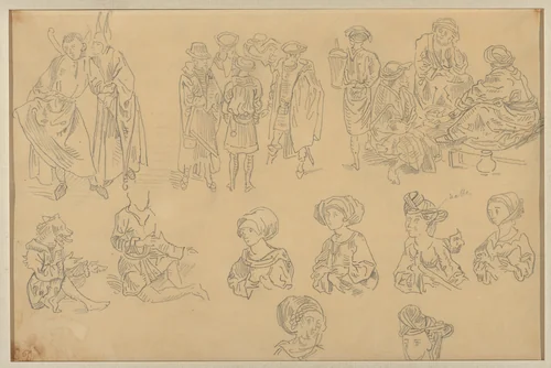 Figures in Medieval Costume (Tracings from the "Nuremberg Chronicle") by Eugène Delacroix, drawing, 1817-1827