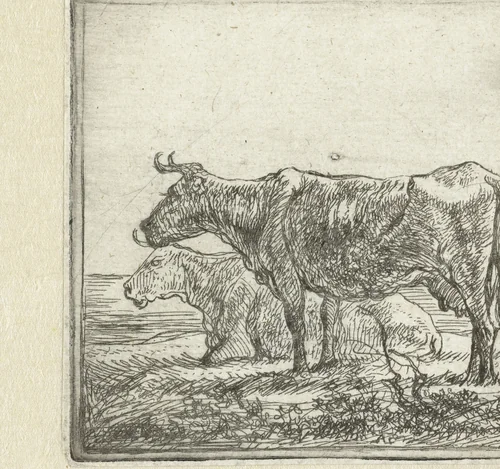 Twee koeien op rivieroever by Aelbert Cuyp, print, 1630-1691