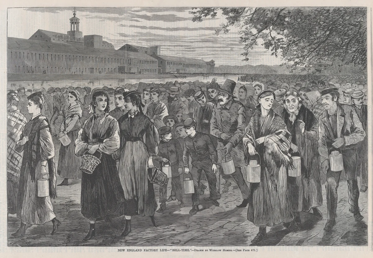 New England Factory Life – "Bell Time" (from "Harper's Weekly," Vol. XII) by Winslow Homer, print, 1868