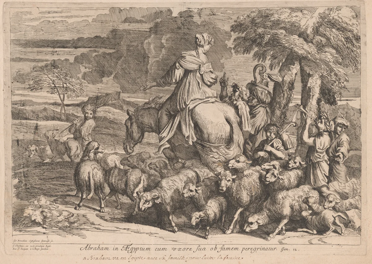 Abraham in Aegyptum (Abraham in Egypt) by Claude Macé; Giovanni Benedetto Castiglione, print, 1645-1655