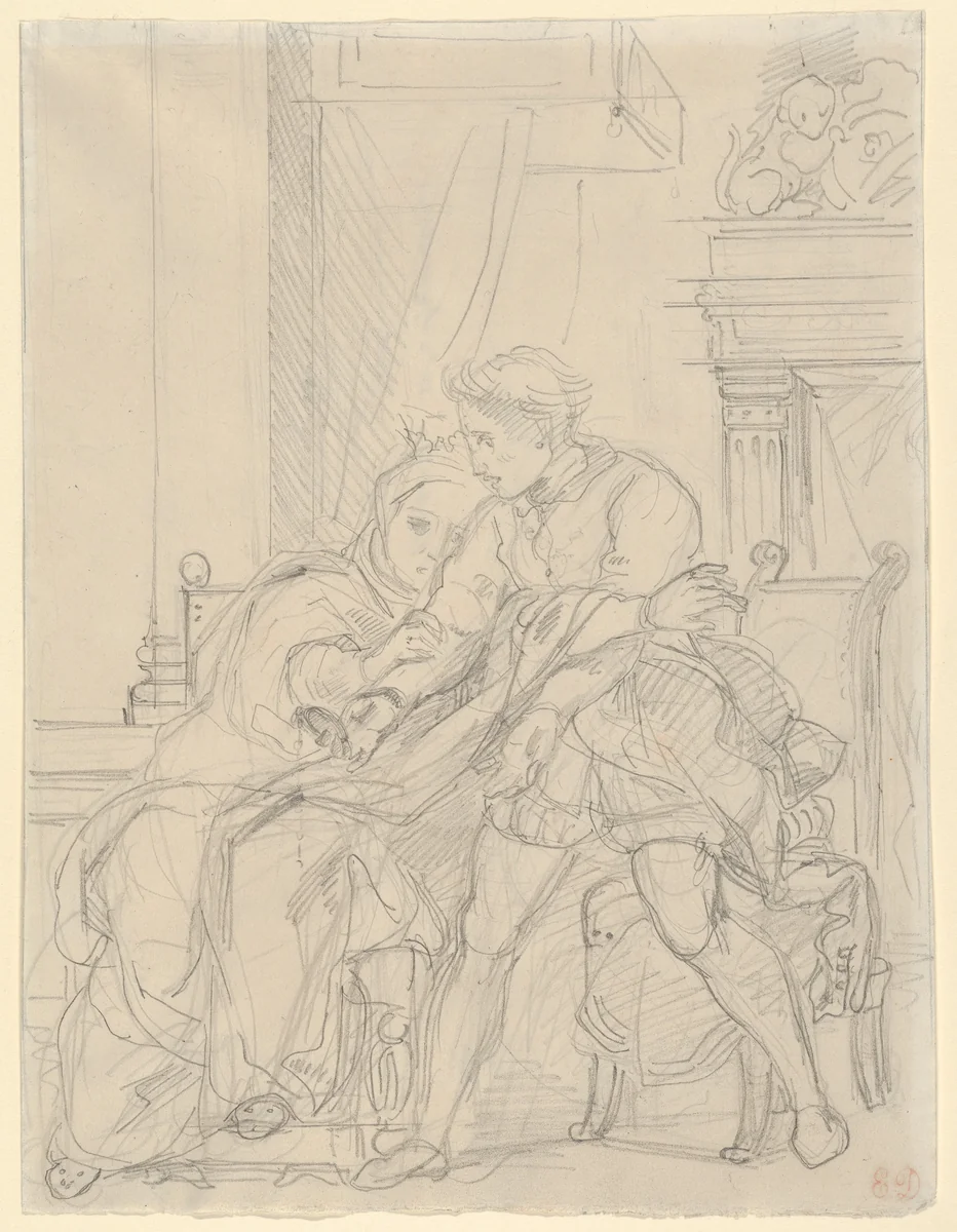 Hamlet Reproaches His Mother by Eugène Delacroix, drawing, 1829-1839
