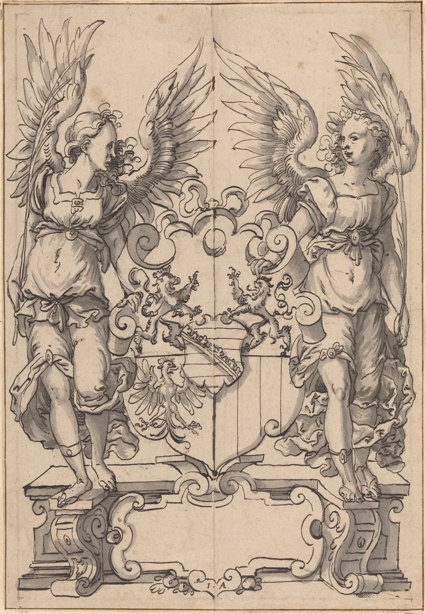 Two Angels Holding a Coat of Arms by Jost Amman, drawing, 1539-1591