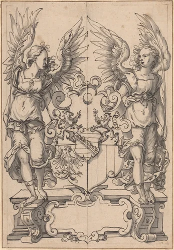 Two Angels Holding a Coat of Arms by Jost Amman, drawing, 1539-1591