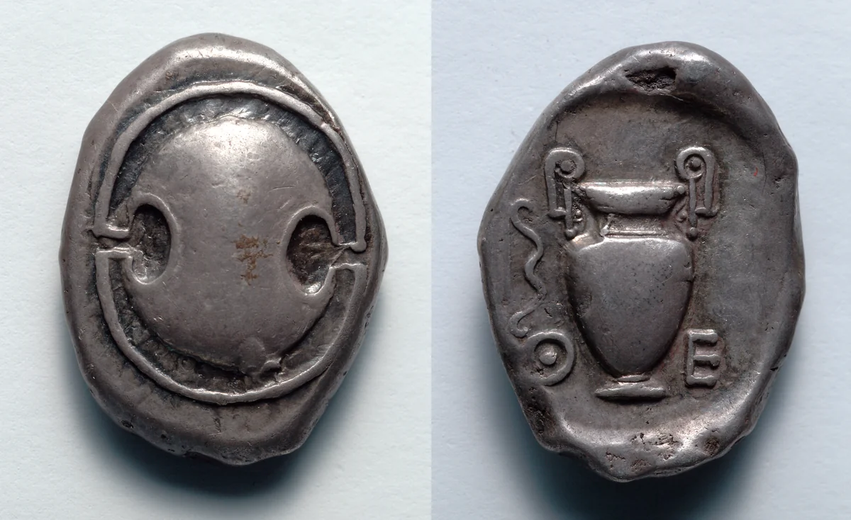 Stater: Boiotian Shield (obverse); Volute-Krater (reverse) by Unknown, metalwork, -395--387