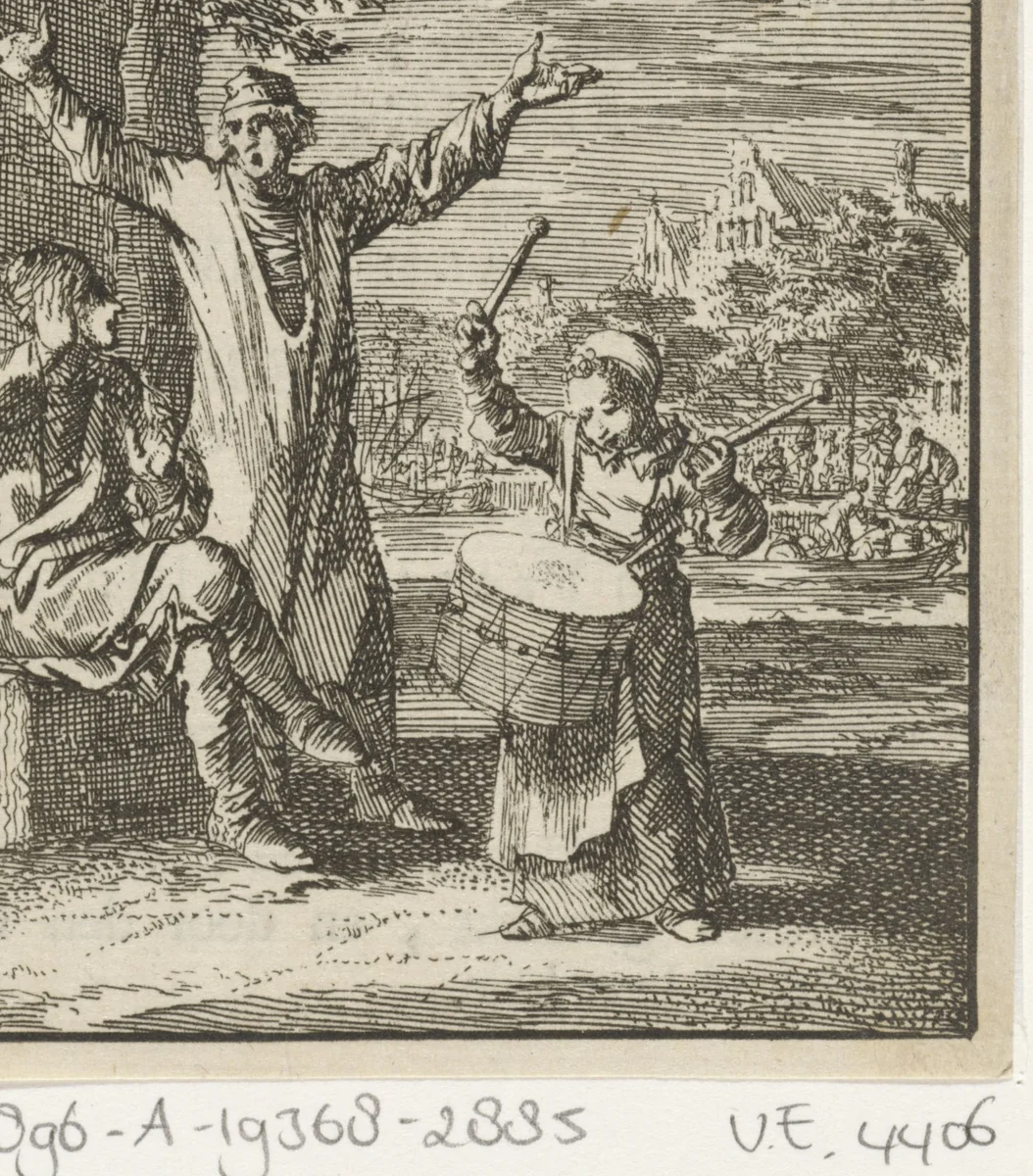 Kind slaat met stokken op een trommel by Jan Luyken, print, 1712