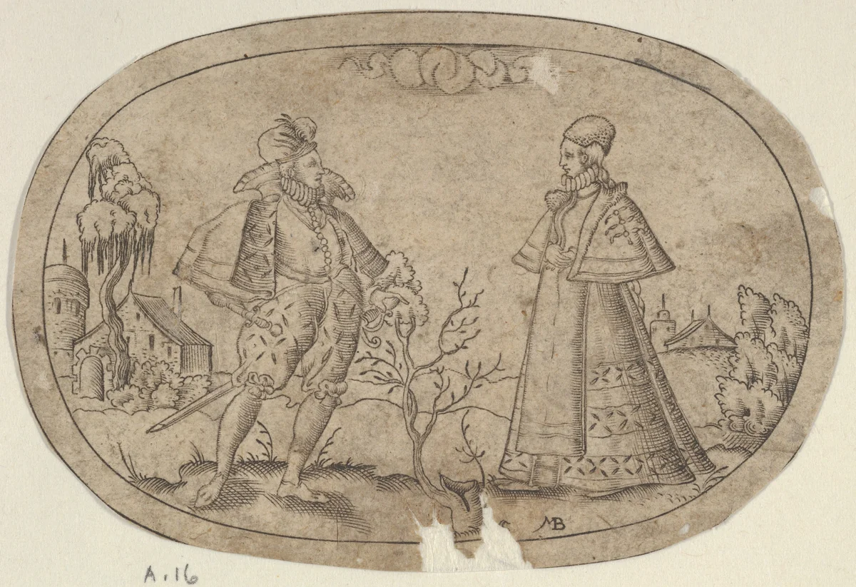 A Gentleman and a Lady, from Das Bossenbüchlein by Mathais Beitler, print, 1577-1587
