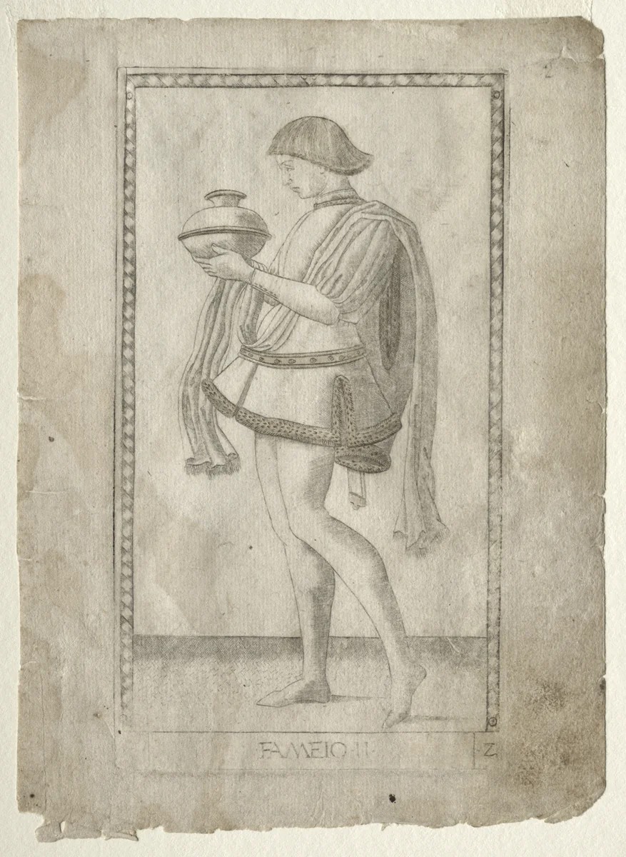 The Servant (from the Tarocchi, series E: Conditions of Man, #2) by Master of the E-Series Tarocchi, print, 1457-1467