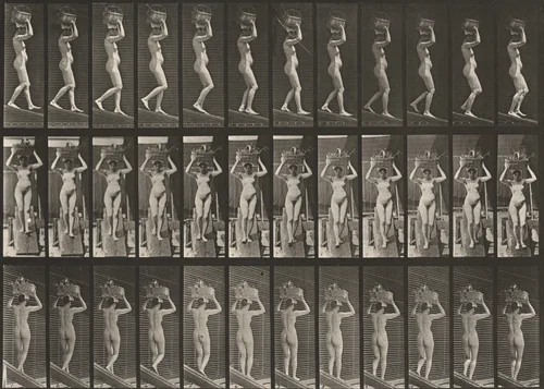 Plate Number 123. Descending an incline with a 20-lb. basket on head, hands raised by Eadweard Muybridge, photograph, 1887
