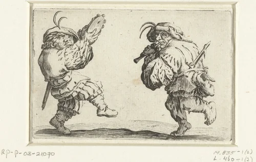 Dansende kleine mensen (karikaturen) met tamboerijn en fluit by Jacques Callot, print, 1621