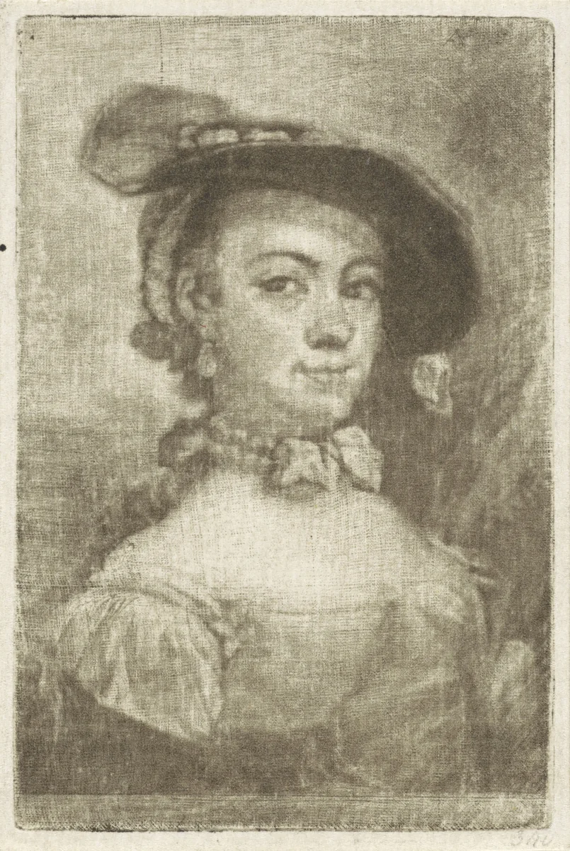 Buste van een vrouw met een hoed by Aert Schouman, print, 1720-1792