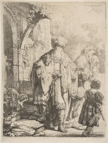 Abraham Casting out Hagar and Ishmael by Rembrandt van Rijn, print, 1637