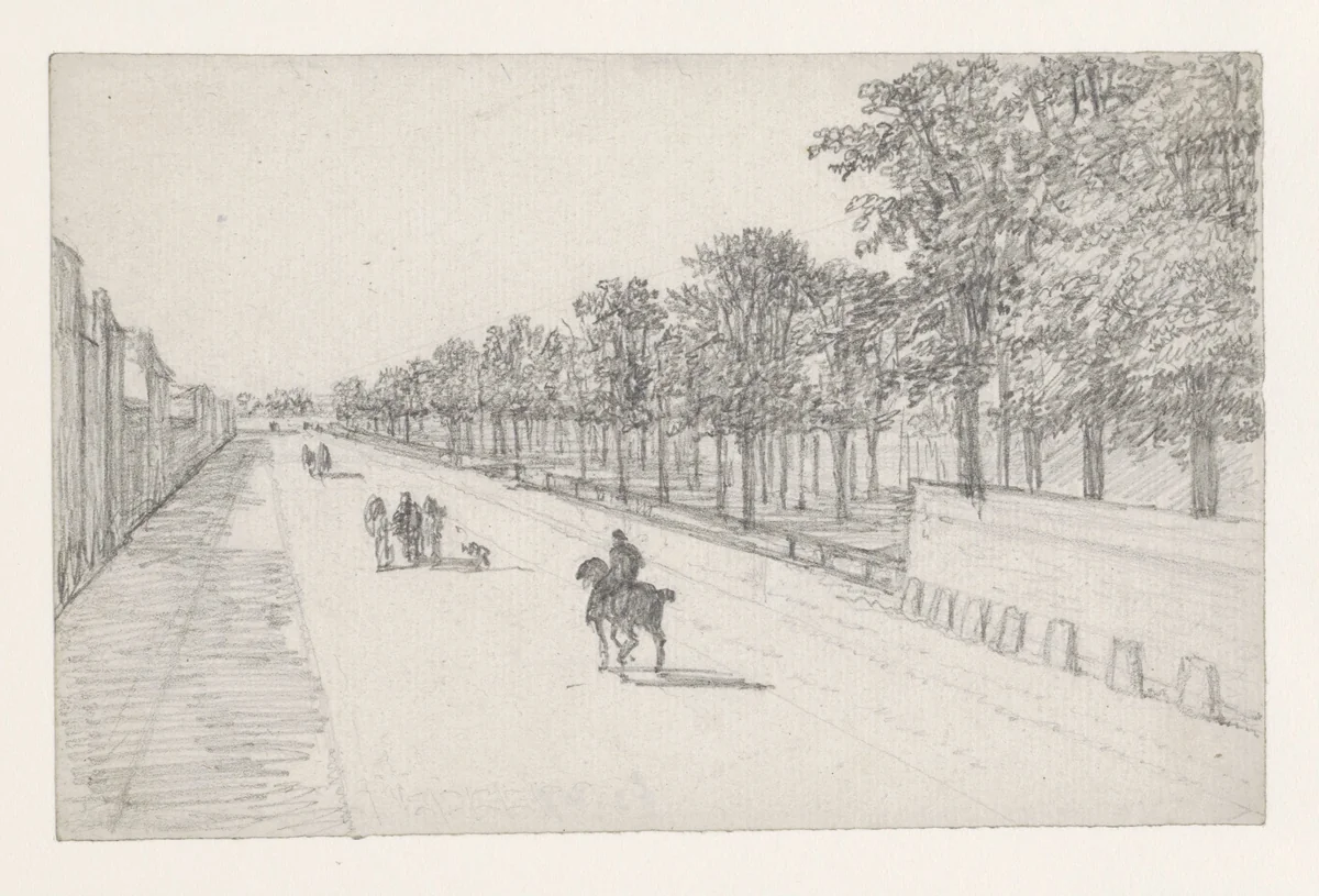 Straatweg met ruiters op de weg en rechts bomen by Georges Michel, drawing, 1773-1843