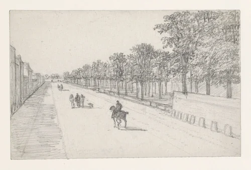Straatweg met ruiters op de weg en rechts bomen by Georges Michel, drawing, 1773-1843