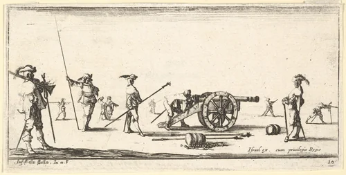 Plate 10: a soldier charging a cannon in center, other soldiers with picks standing at left and right, from "Troops, cannons, and attacks on towns" (Dessins de quelques conduites de troupes, canons, et ataques de villes) by Stefano della Bella, print, 1635-1645
