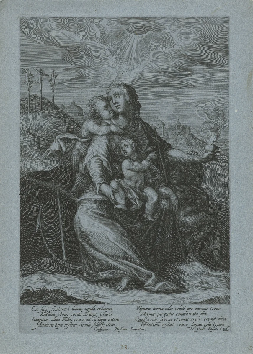 Maria met Christuskind en de kleine Johannes de Doper (verbeelding van de drie theologische deugden) by Abraham Hogenberg, print, 1603-1658