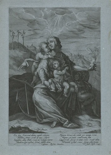 Maria met Christuskind en de kleine Johannes de Doper (verbeelding van de drie theologische deugden) by Abraham Hogenberg, print, 1603-1658