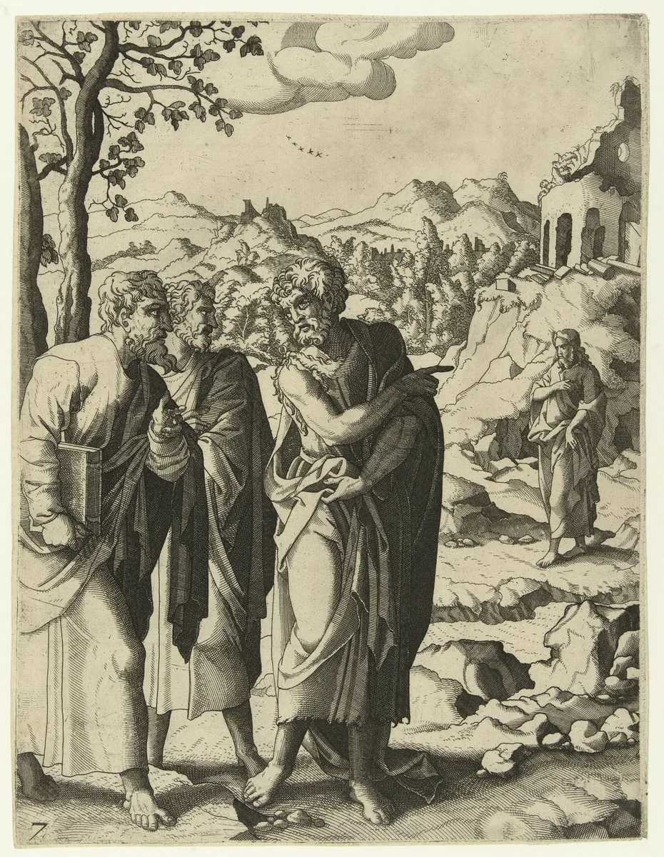 Johannes de Doper wijst zijn leerlingen op Christus by Unknown, print, 1553-1558