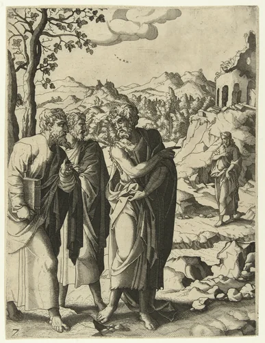 Johannes de Doper wijst zijn leerlingen op Christus by Unknown, print, 1553-1558