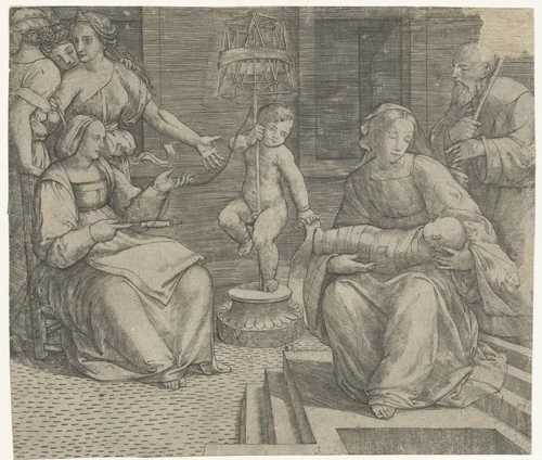 Heilige Familie met Elisabeth en Johannes de Doper by Giacomo Francia, print, 1490-1557