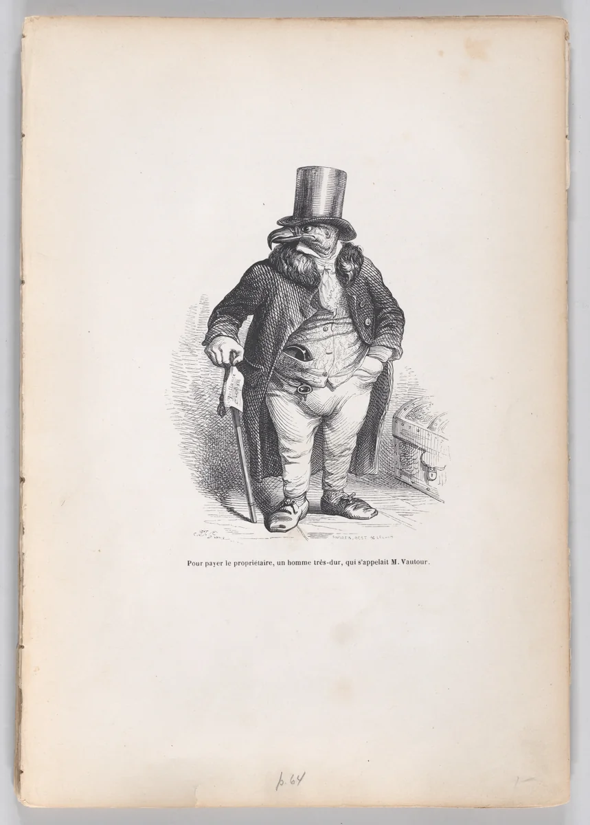 To pay the landlord, a very harsh man, whose name was M. Vautour, from "Scenes from the Private and Public Life of Animals" by J. J. Grandville, print, 1832-1852