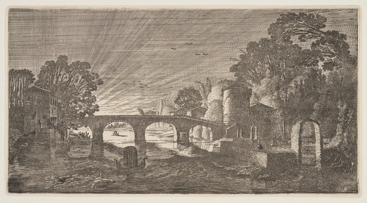 Sunset over a River, from Landscapes (Playsante Lantschappen) by Claes Jansz. Visscher II, print, 1641