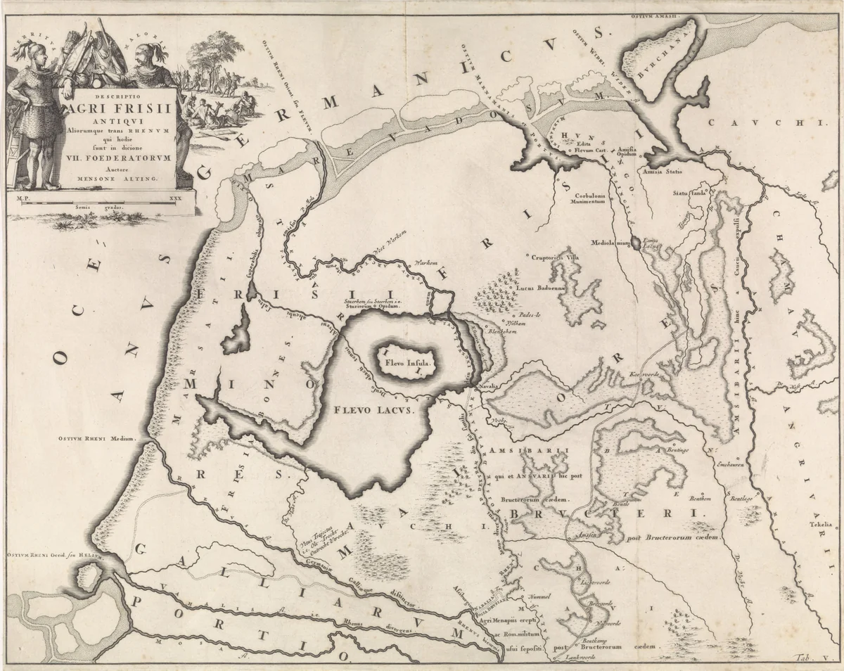 Historische kaart van Nederland met de gebieden van de Bataven en Friezen V by Jan Luyken, print, 1697