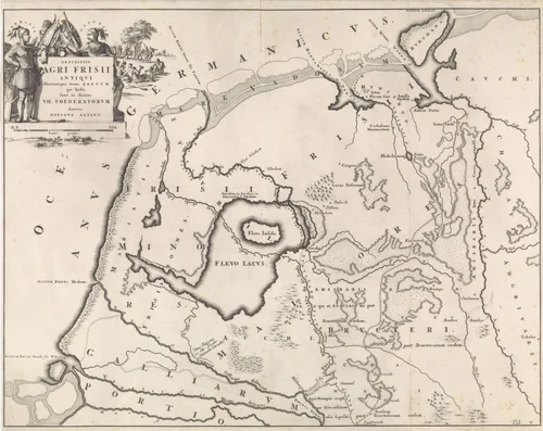 Historische kaart van Nederland met de gebieden van de Bataven en Friezen V by Jan Luyken, print, 1697