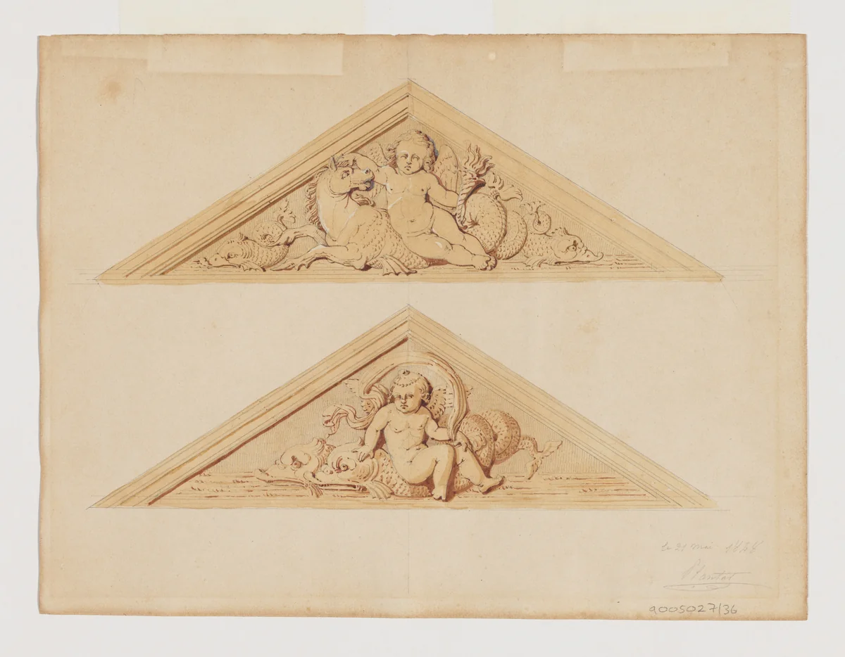 Two Designs for Pediments with Putti and Sea Creatures by Jean-Baptiste Louis Plantar, drawing, 1840-1880