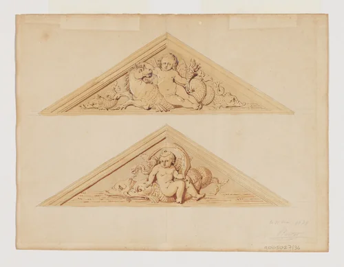 Two Designs for Pediments with Putti and Sea Creatures by Jean-Baptiste Louis Plantar, drawing, 1840-1880