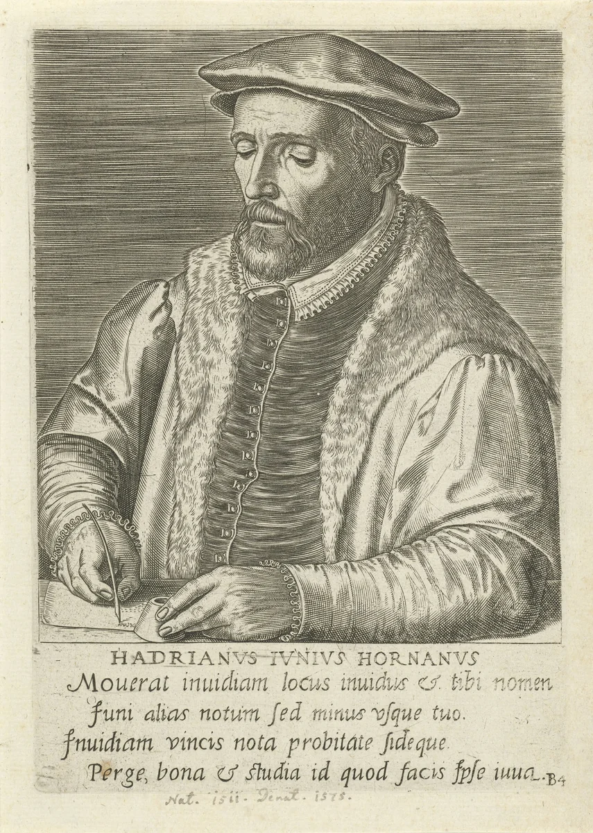Portret van Hadrianus Junius by Philips Galle, print, 1572