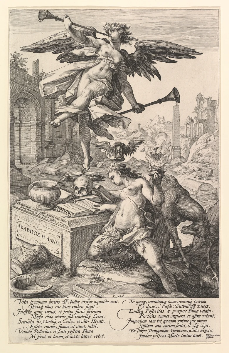 Fame and History, from "The Roman Heroes" by Hendrick Goltzius, print, 1586