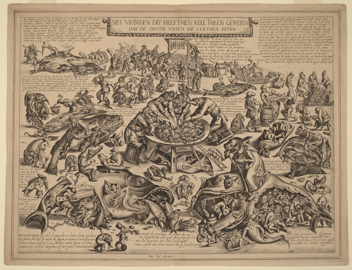 The Big Fish Eat the Little Fish by Pieter Bruegel the Elder, print, 1600-1699