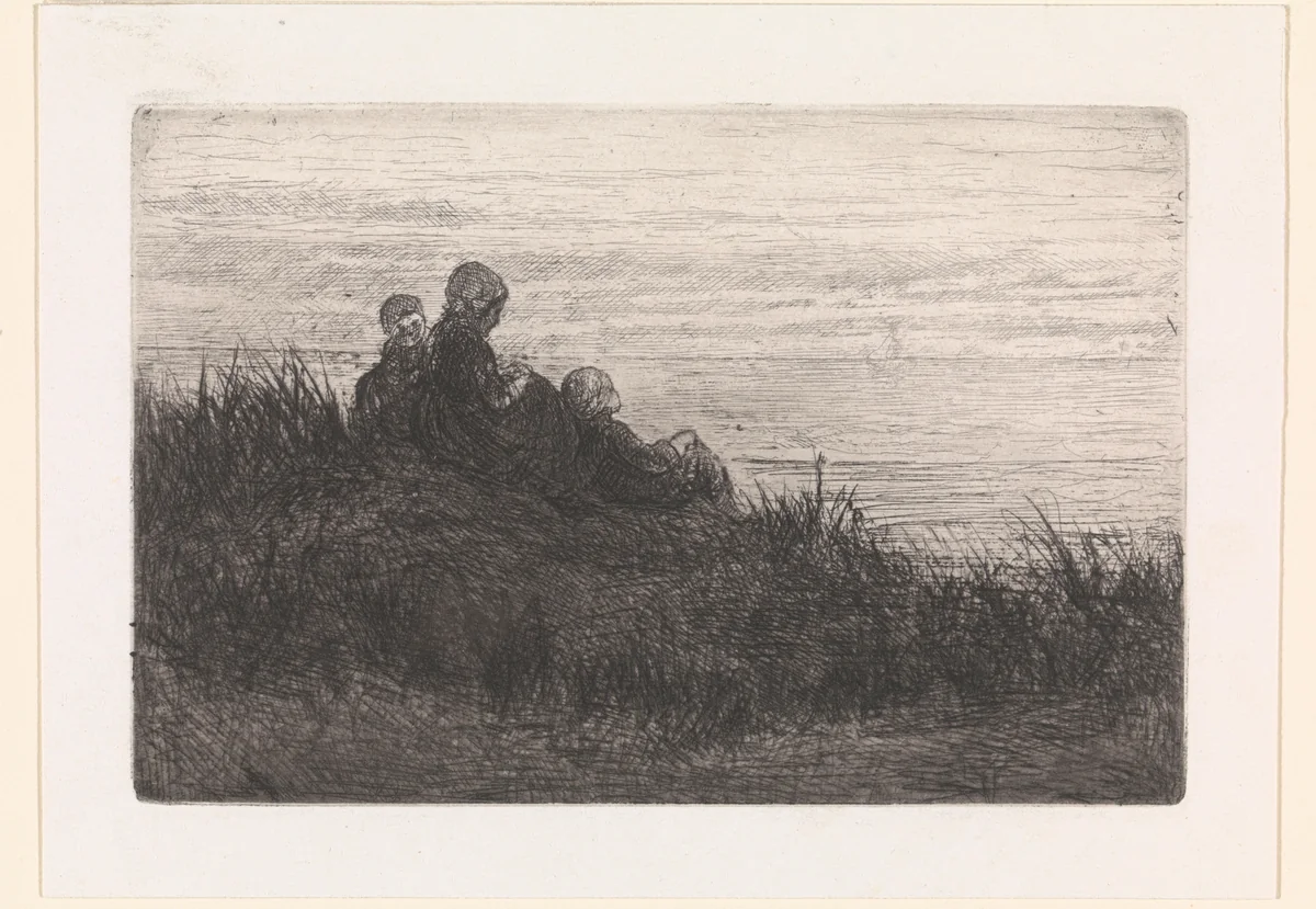 Duinlandschap met moeder en kinderen by Jozef Israëls, print, 1835-1907