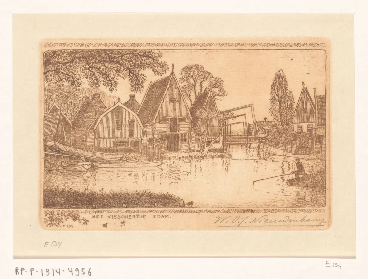 Visser op een oever in Edam by Wijnand Otto Jan Nieuwenkamp, print, 1898-1914