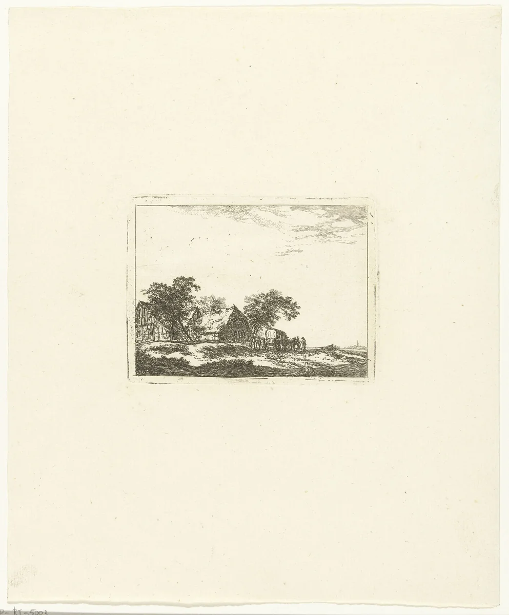 Landschap met reiskoets en passagiers by Hermanus van Brussel, print, 1800-1815
