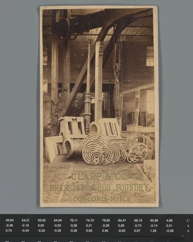 Interieur van een loods met ijzerwerk als reclame voor Clapp & Co., Brass and Iron Foundry, Concord, NH by anonymous, photograph, 1860-1900