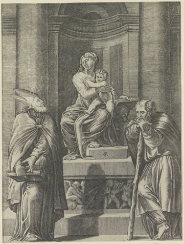 De heilige Jozef en een bisschop bij een altaar met Maria met Kind by Unknown, print, 1498-1532