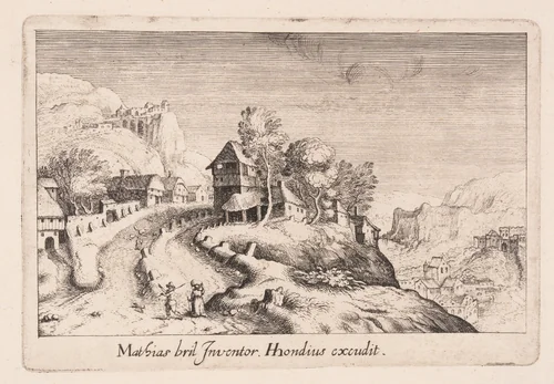 Landscape with a Path up a Mountain through a Village, from Topographia Variarum Regionum by Simon Frisius, print, 1614